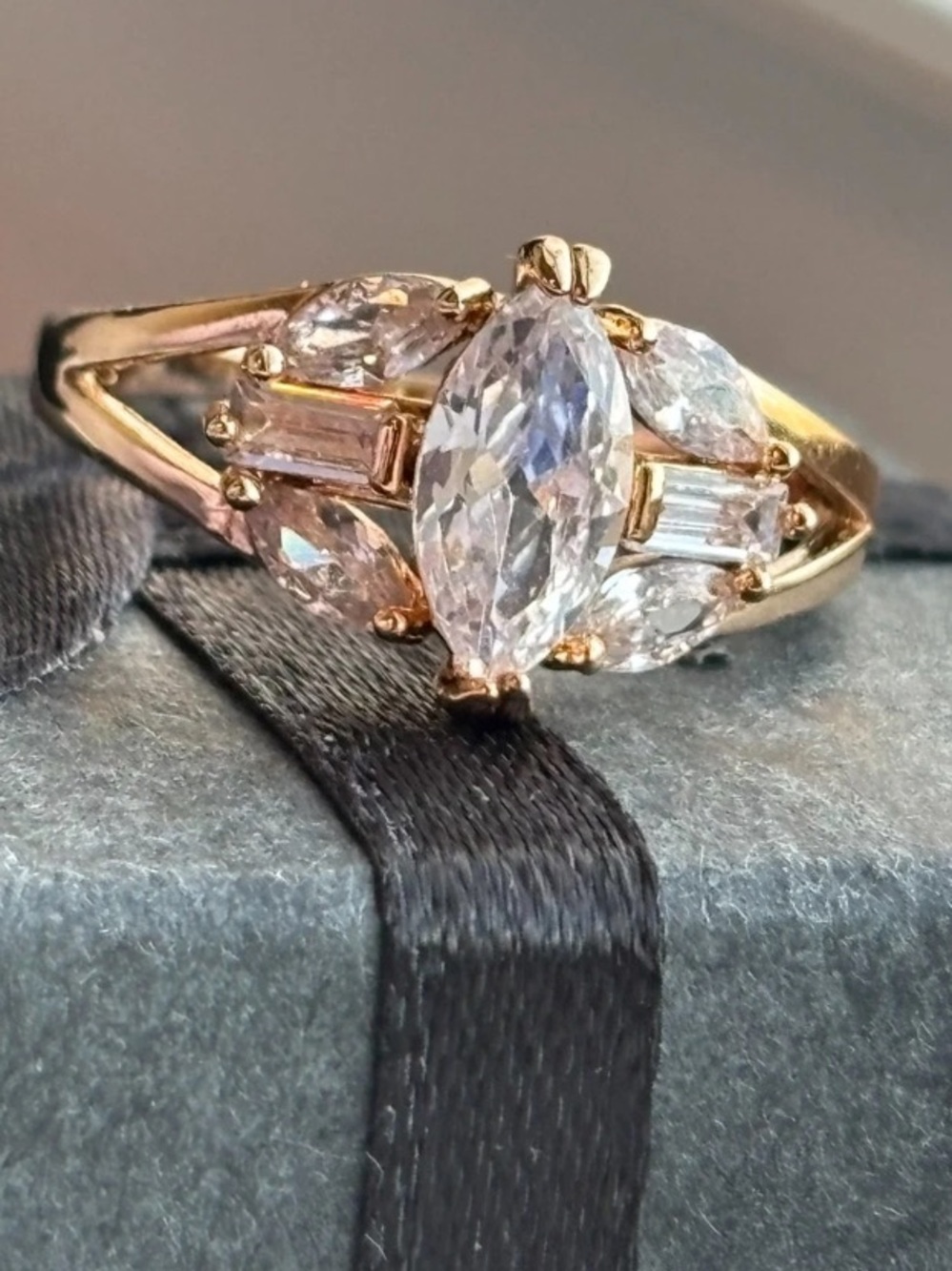 Rose Gold Plated Marquise Cut CZ Statement Ring Size 8 Vintage Glam Bridal Style